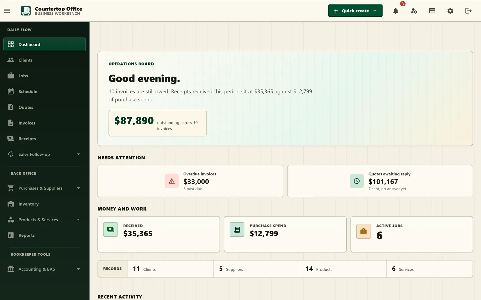 The Countertop Office dashboard: an operations board showing money owed, overdue invoices, quotes awaiting reply, receipts, purchase spend and active jobs.