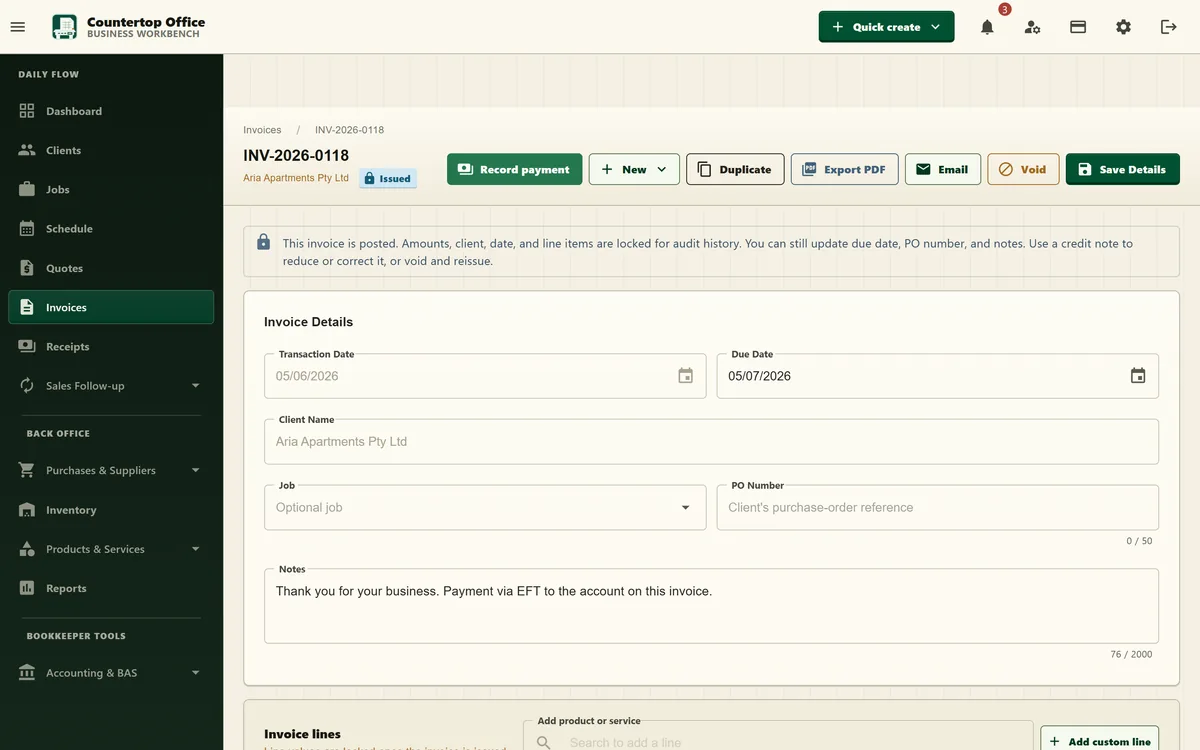 A posted Countertop Office invoice with transaction and due dates, client, PO number, notes and line items, plus record-payment and export-PDF actions.