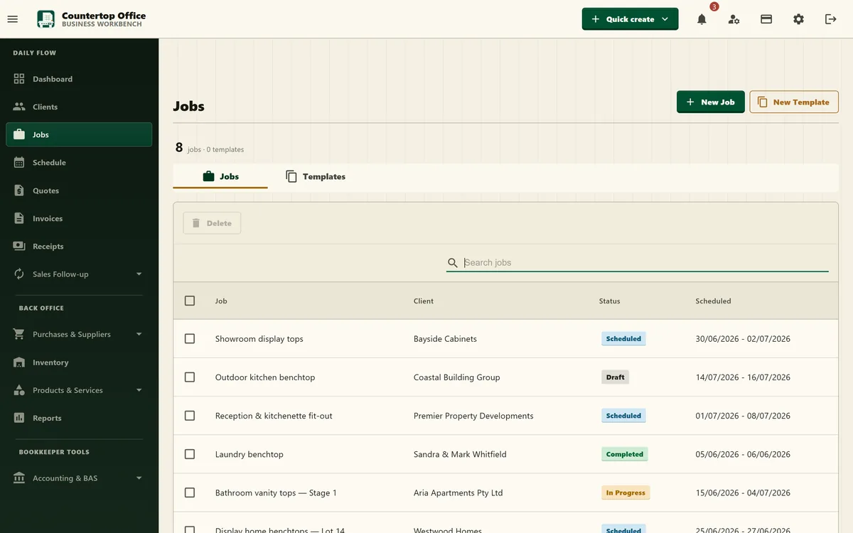 Countertop Office jobs list showing job names, clients, status and scheduled dates.