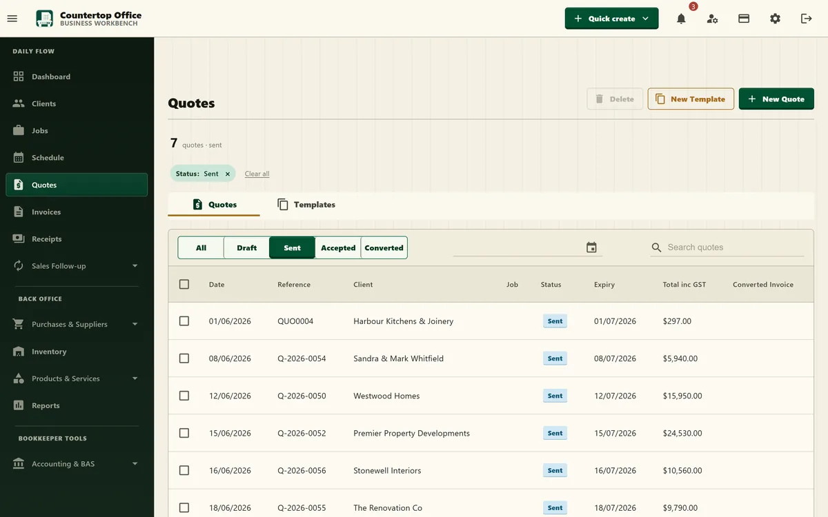 Countertop Office quotes list filtered to sent quotes, with reference, client, expiry and total including GST.